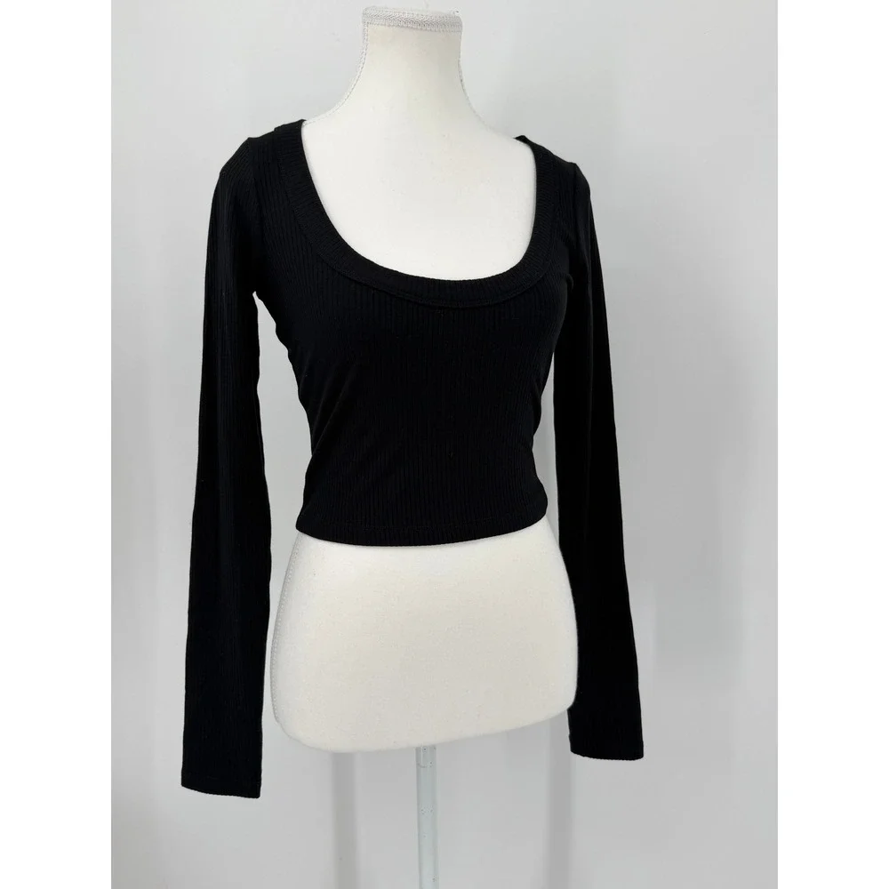 Reformation Black Ribbed Long Sleeve Scoop Neck Cropped Top Size S Small USA